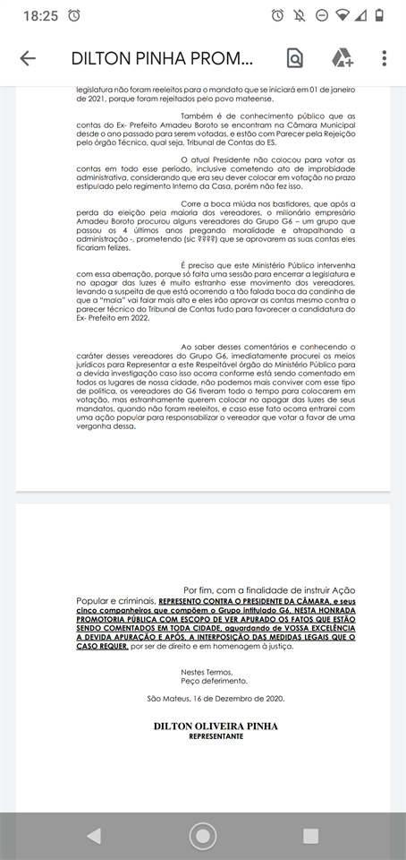 Dilton Pinha entra com denúncia no Ministério Público contra Grupo de Vereadores que planejam aprovam contas do Ex Prefeito Amadeu Boroto com parecer de rejeição no apagar das luzes