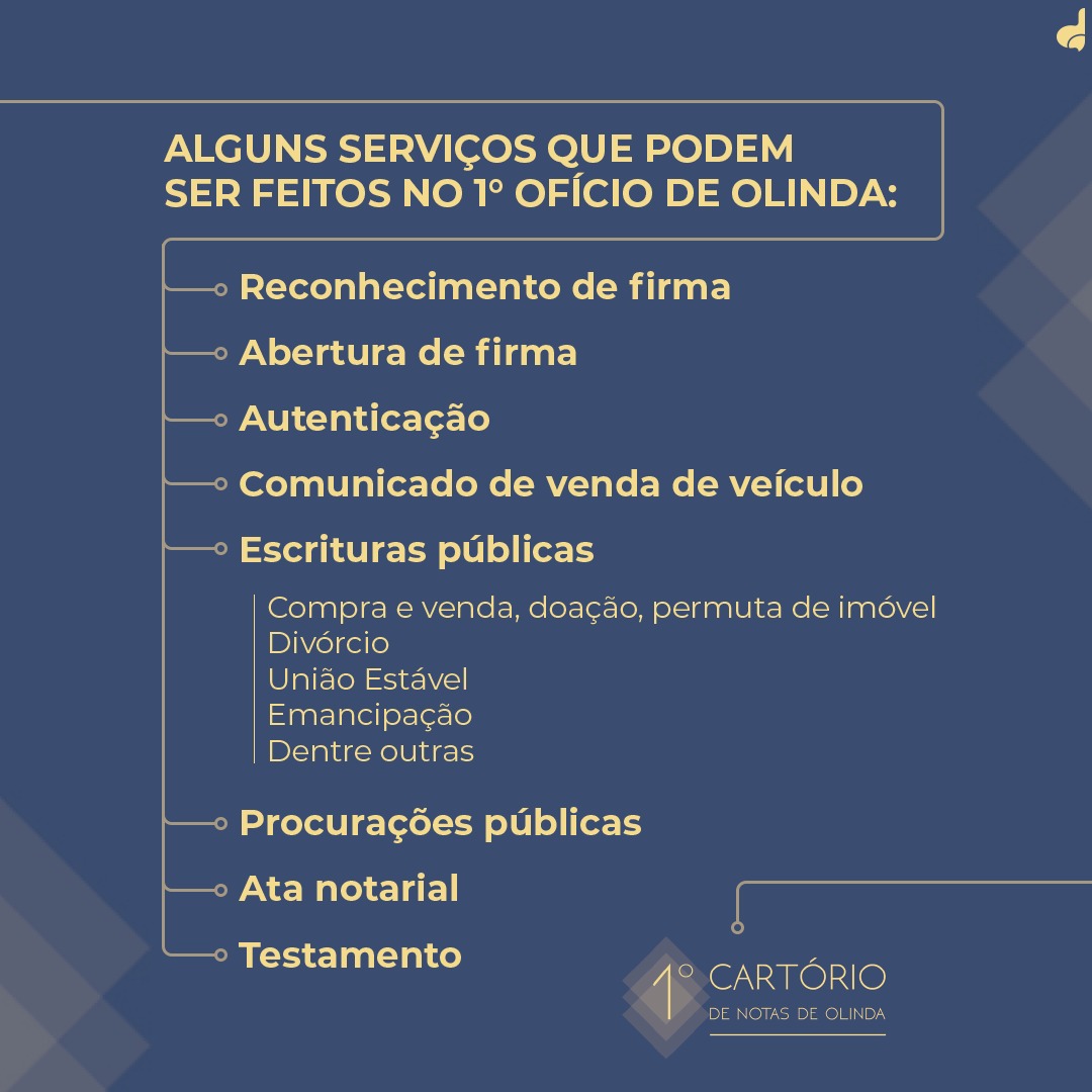 Alguns serviços que podem ser feitos no 1º Ofício de Notas de Olinda